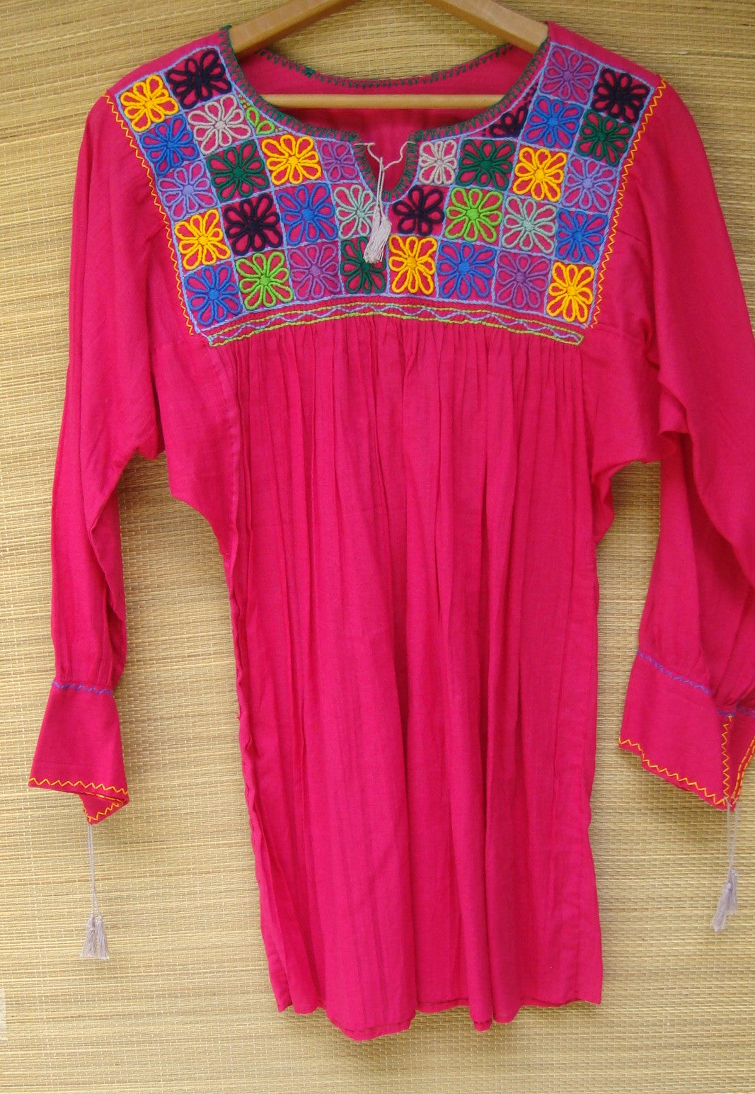 Red Mexican Blouse Huipil Multicolor Embroidered Flowers Small