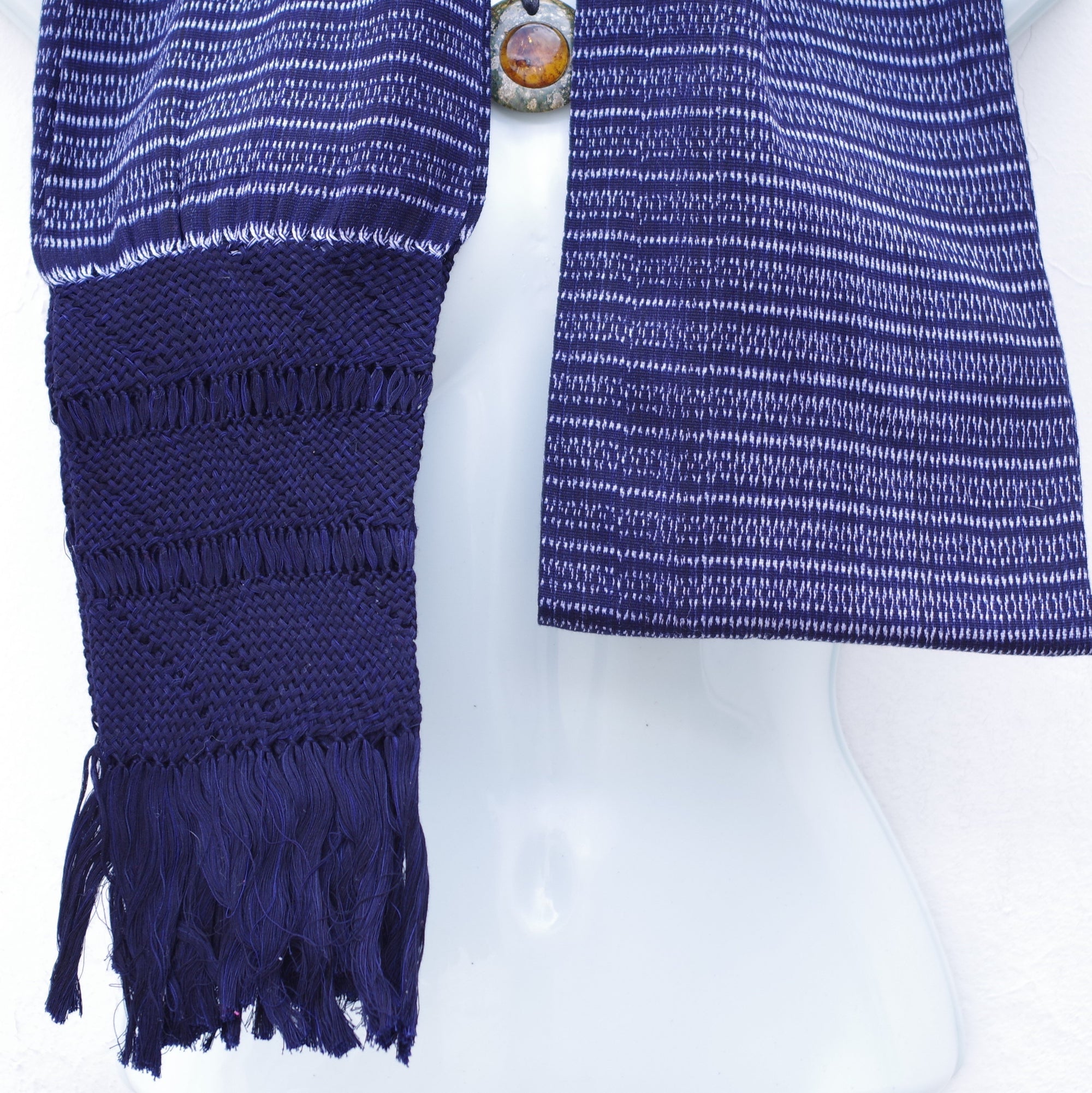 Mexican Handwoven Dark Blue and White Rebozo Shawl Wrap Scarf Runner From Tenancingo