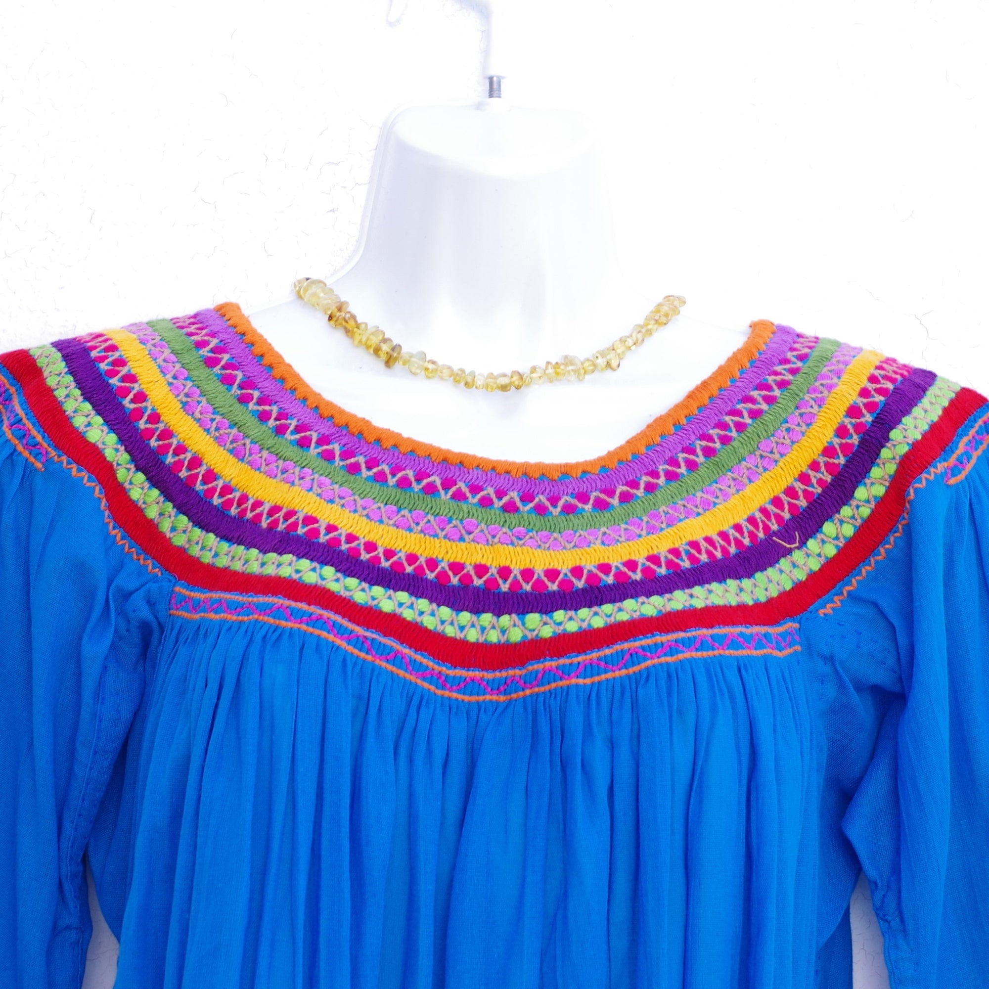 Blue Mexican Huipil Round Neck Blouse with Multi color Hand Embroidery from Chiapas M Size