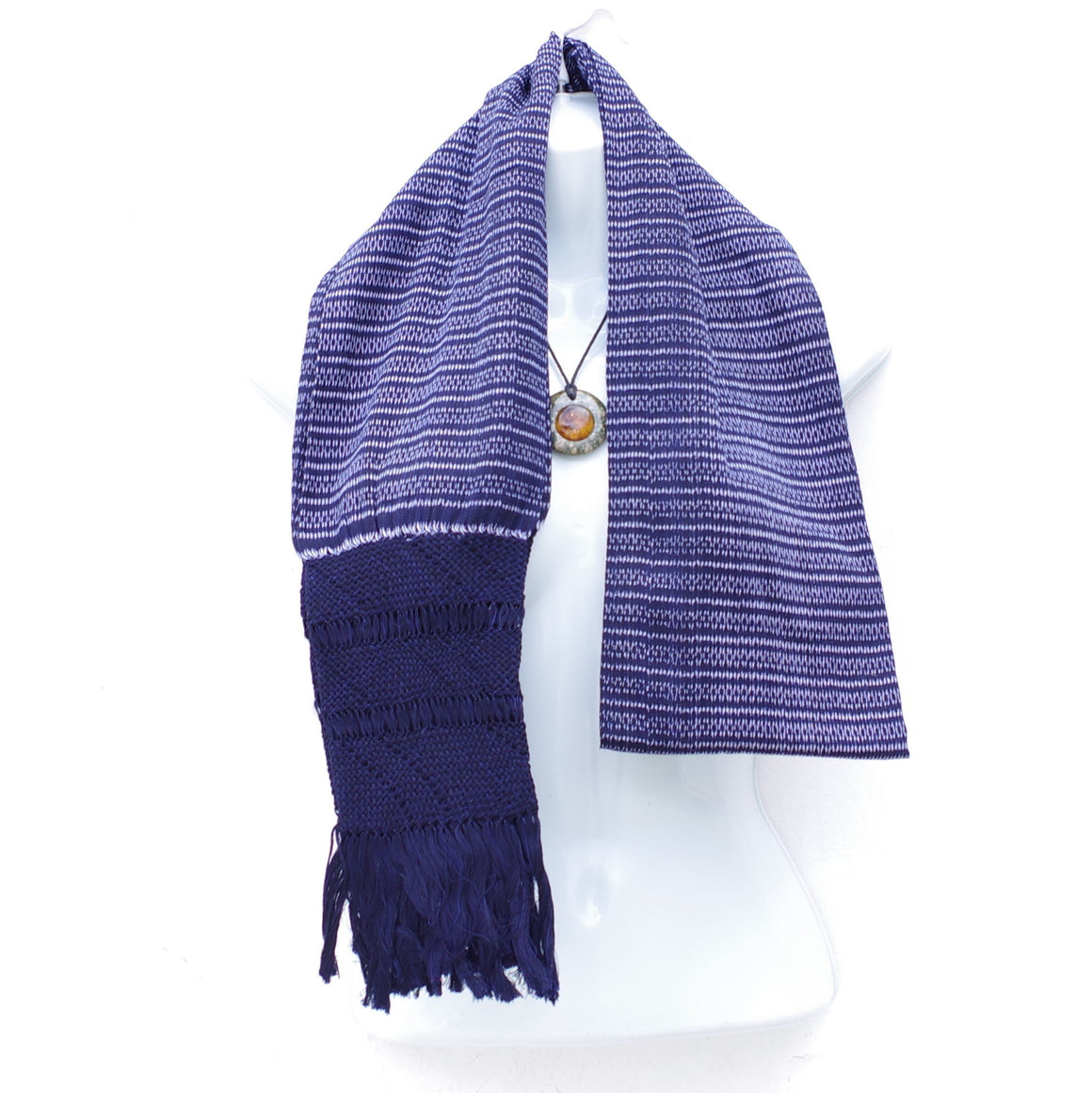 Mexican Handwoven Dark Blue and White Rebozo Shawl Wrap Scarf Runner From Tenancingo