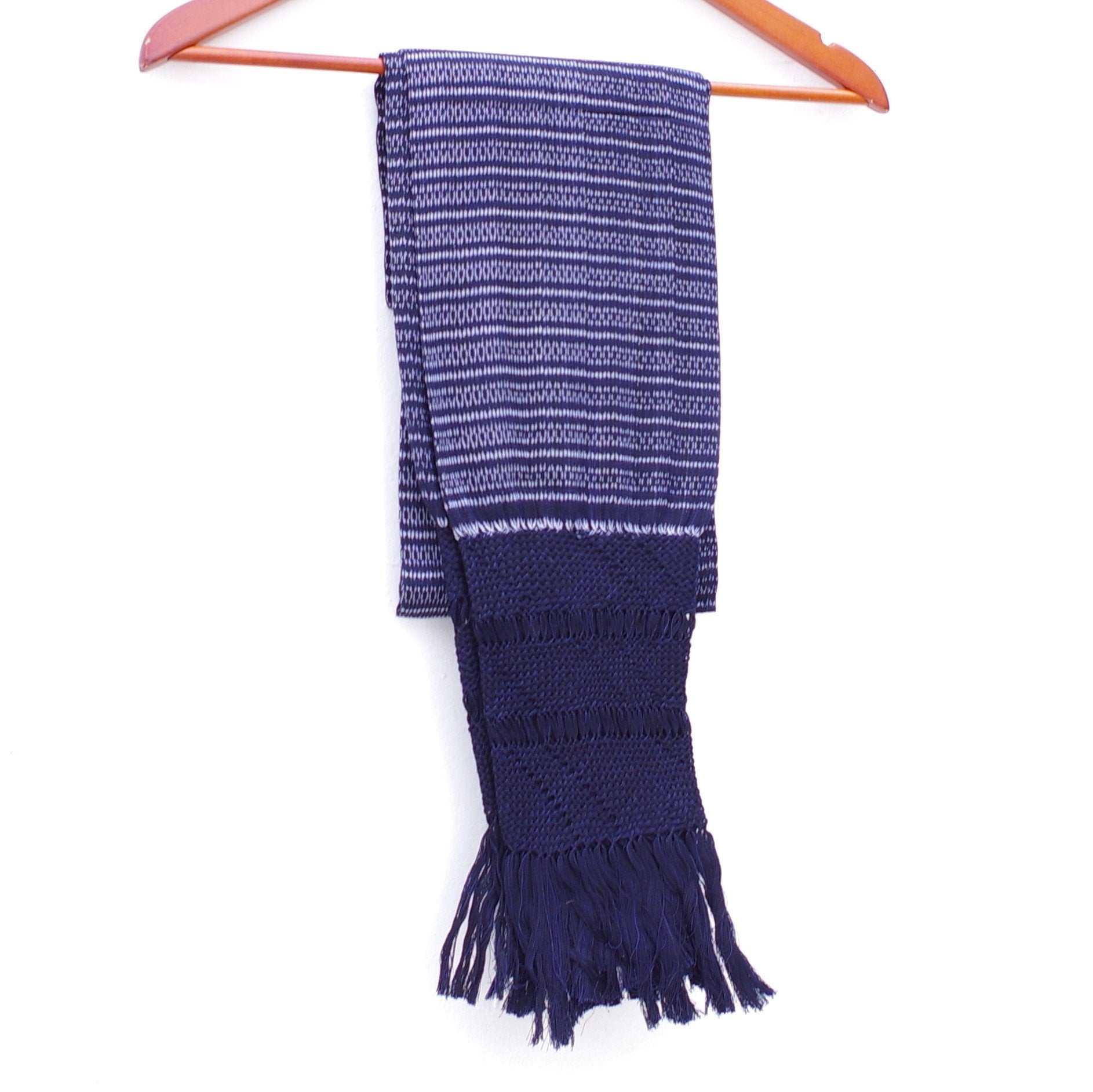 Mexican Handwoven Dark Blue and White Rebozo Shawl Wrap Scarf Runner From Tenancingo