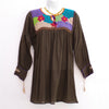 Black Mexican Huipil V-neck Tie Blouse with Multi color Hand Embroidery from Chiapas M Size