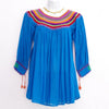 Blue Mexican Huipil Round Neck Blouse with Multi color Hand Embroidery from Chiapas M Size