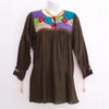 Black Mexican Huipil V-neck Tie Blouse with Multi color Hand Embroidery from Chiapas M Size