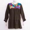 Black Mexican Huipil V-neck Tie Blouse with Multi color Hand Embroidery from Chiapas M Size