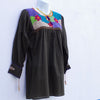 Black Mexican Huipil V-neck Tie Blouse with Multi color Hand Embroidery from Chiapas M Size