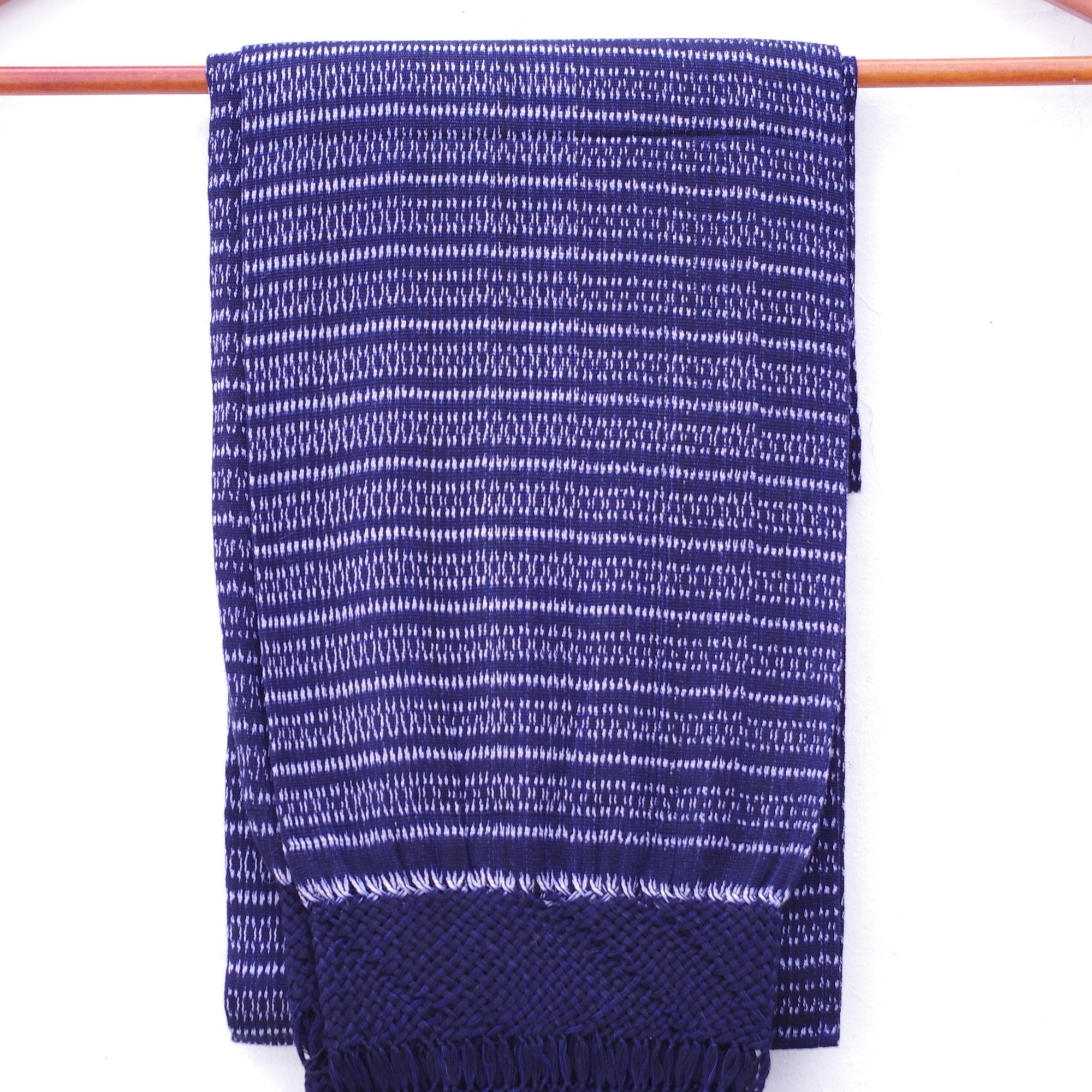 Mexican Handwoven Dark Blue and White Rebozo Shawl Wrap Scarf Runner From Tenancingo