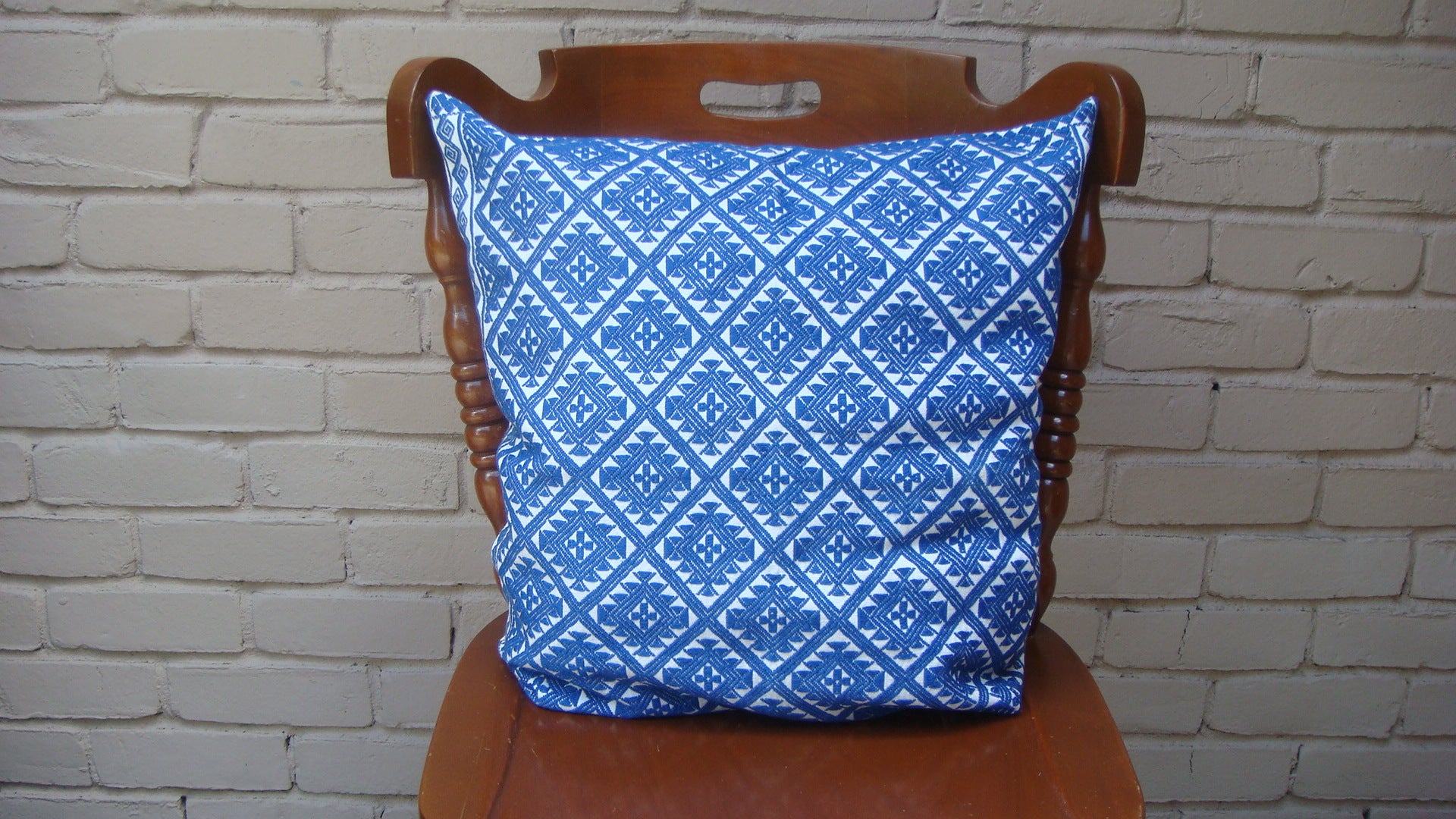 Blue Geometric Cushion Cover Sham Pillow Handwoven Cotton Mayan Mexican Chiapas