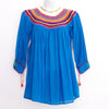 Blue Mexican Huipil Round Neck Blouse with Multi color Hand Embroidery from Chiapas M Size