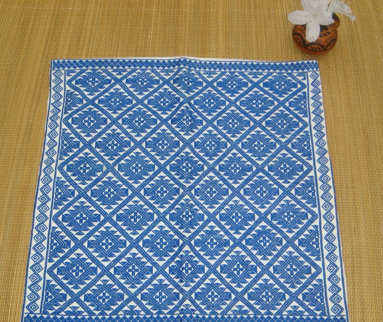 Blue Geometric Cushion Cover Sham Pillow Handwoven Cotton Mayan Mexican Chiapas