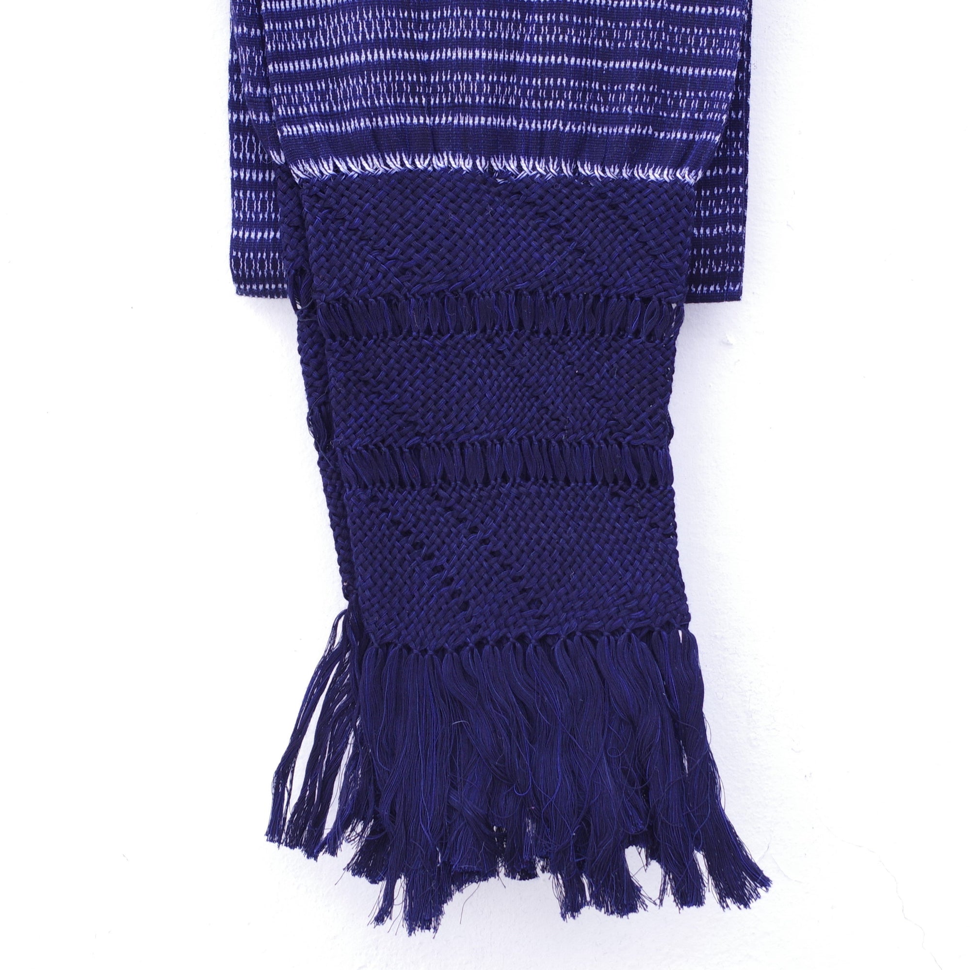 Mexican Handwoven Dark Blue and White Rebozo Shawl Wrap Scarf Runner From Tenancingo