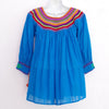 Blue Mexican Huipil Round Neck Blouse with Multi color Hand Embroidery from Chiapas M Size