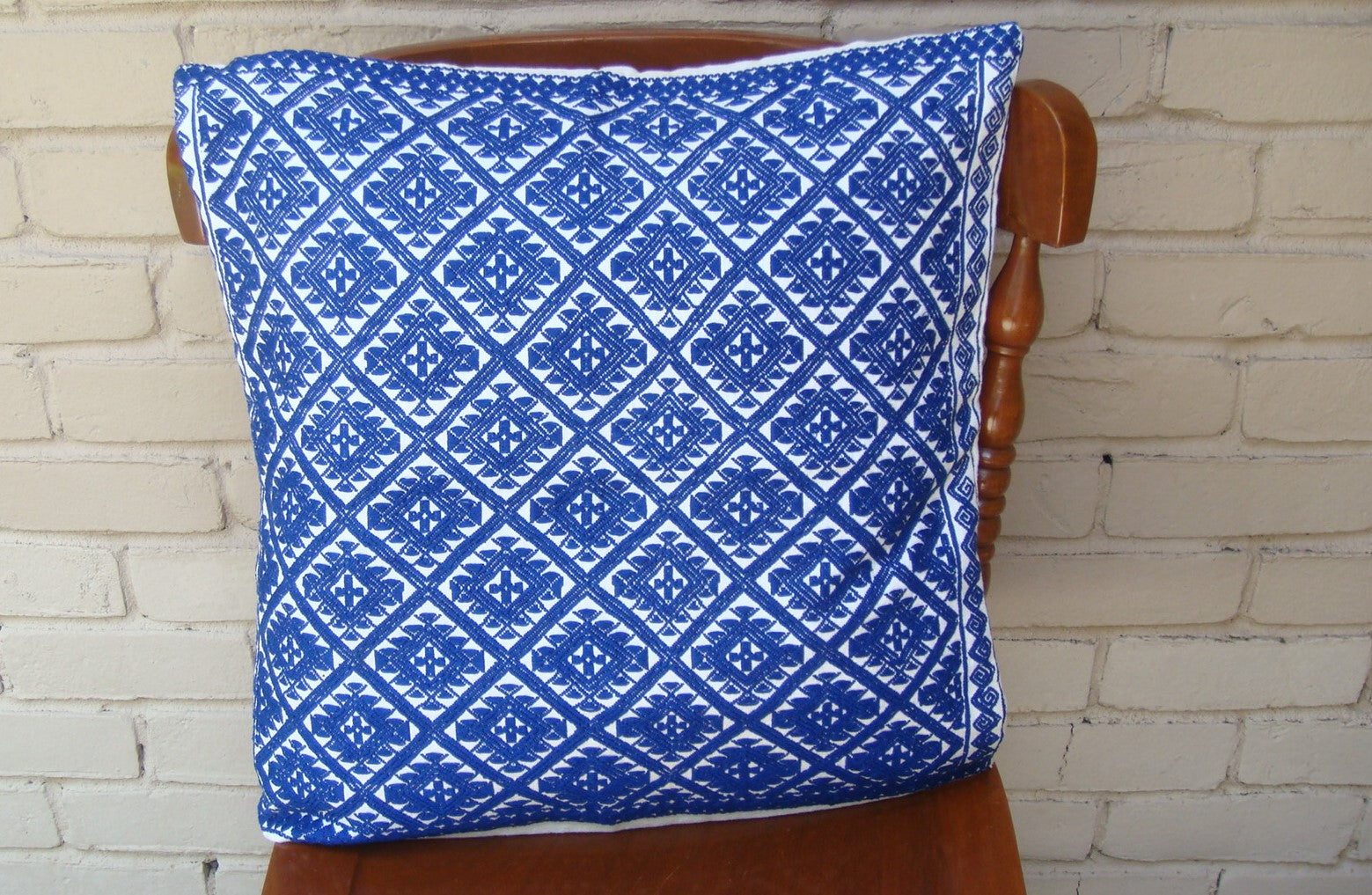Blue Geometric Cushion Cover Sham Pillow Handwoven Cotton Mayan Mexican Chiapas