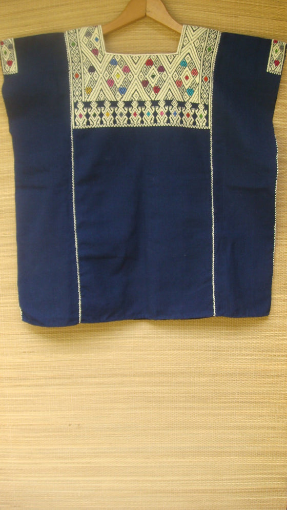 Navy Blue Mexican Huipil Blouse Embroidery from Chiapas fits L XL