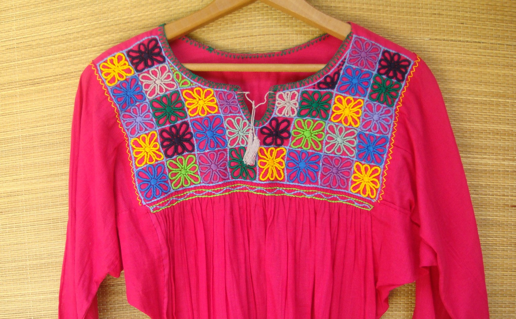 Red Mexican Blouse Huipil Multicolor Embroidered Flowers Small