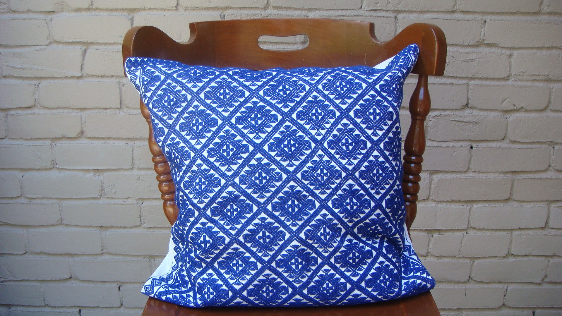 Blue Geometric Cushion Cover Sham Pillow Handwoven Cotton Mayan Mexican Chiapas