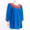 Blue Mexican Huipil Round Neck Blouse with Multi color Hand Embroidery from Chiapas M Size