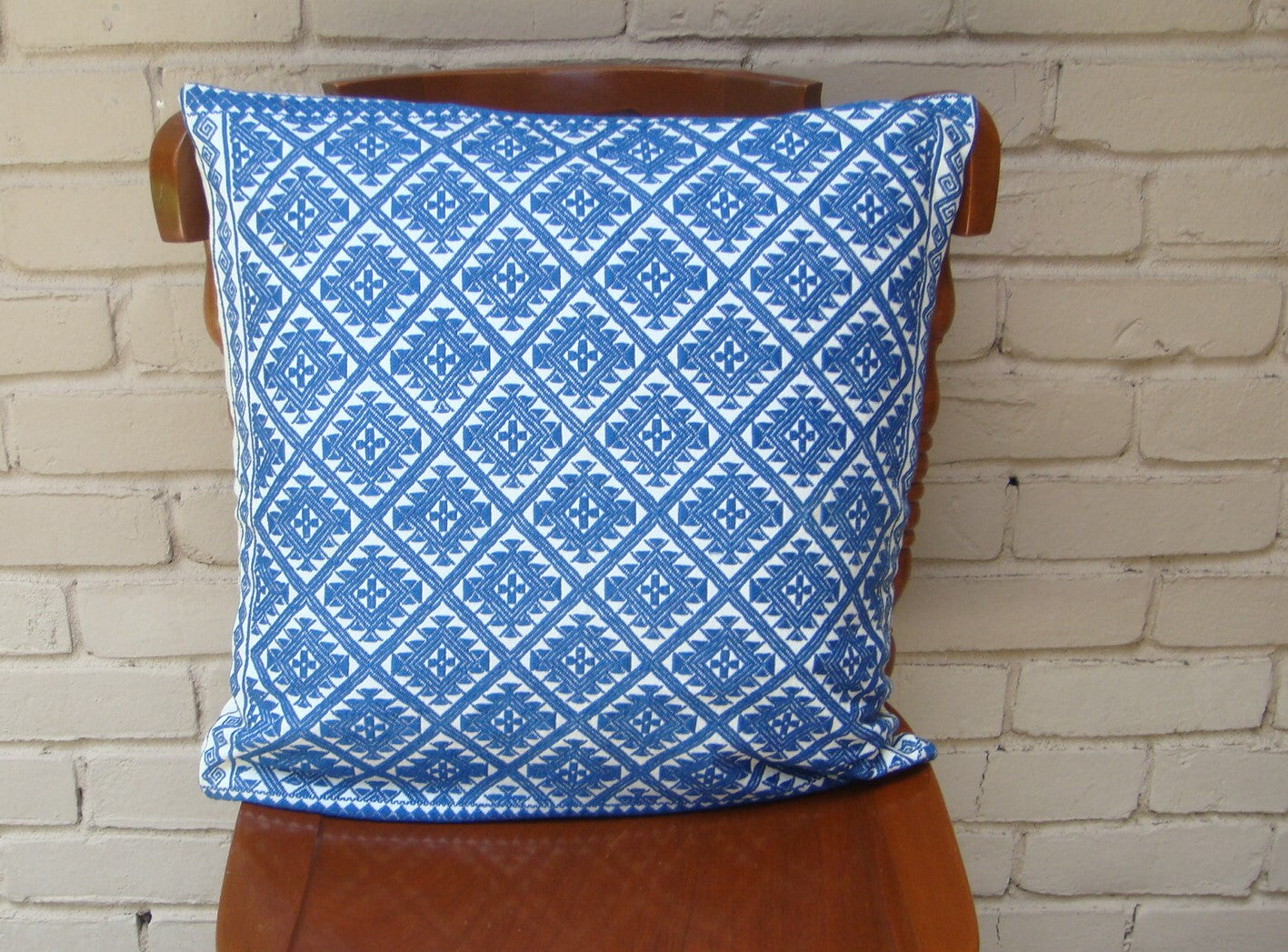 Blue Geometric Cushion Cover Sham Pillow Handwoven Cotton Mayan Mexican Chiapas