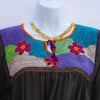 Black Mexican Huipil V-neck Tie Blouse with Multi color Hand Embroidery from Chiapas M Size