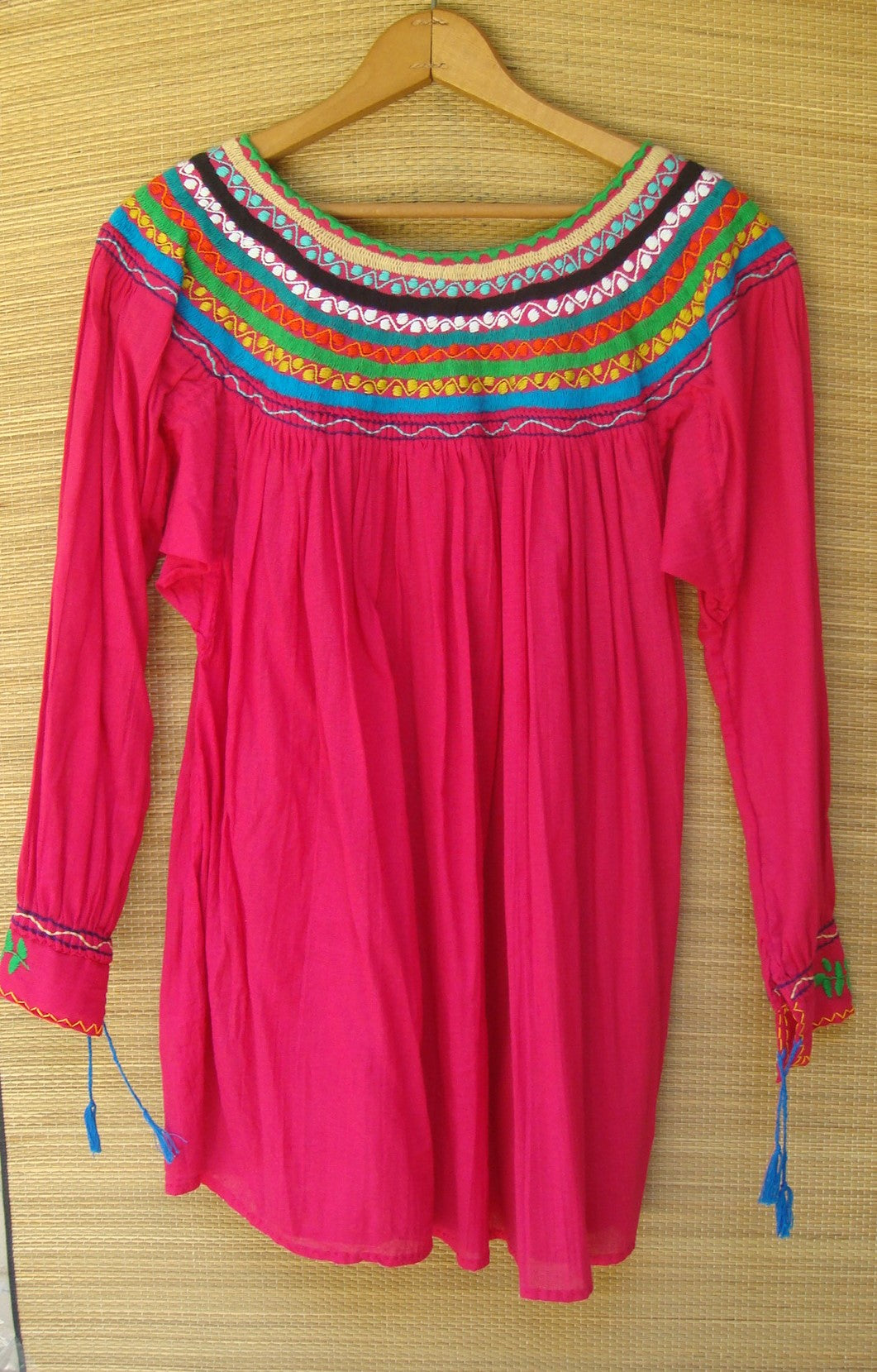 Mexican Blouse Huipil Pink Multicolor Embroidered Flowers Small/Medium