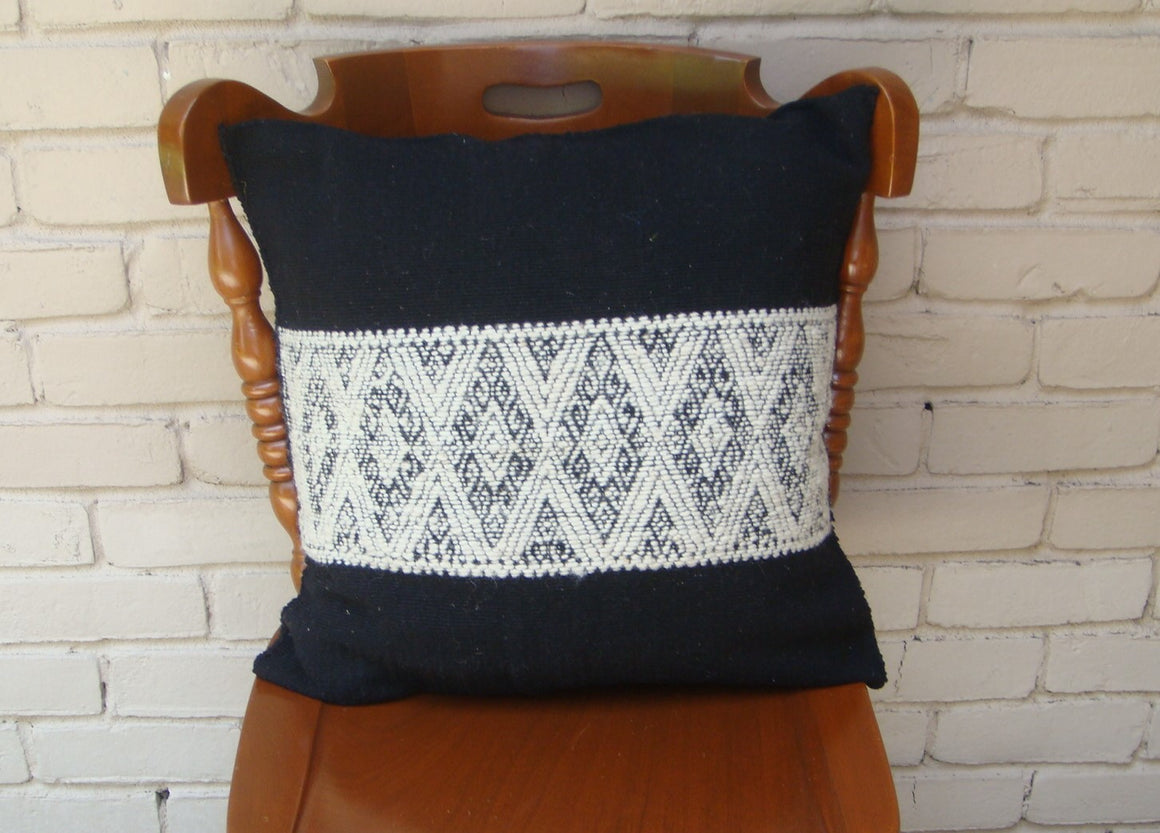 Mexican Handwoven Black Cushion Cover Sham Woolen Cotton Mayan Mexican Chiapas