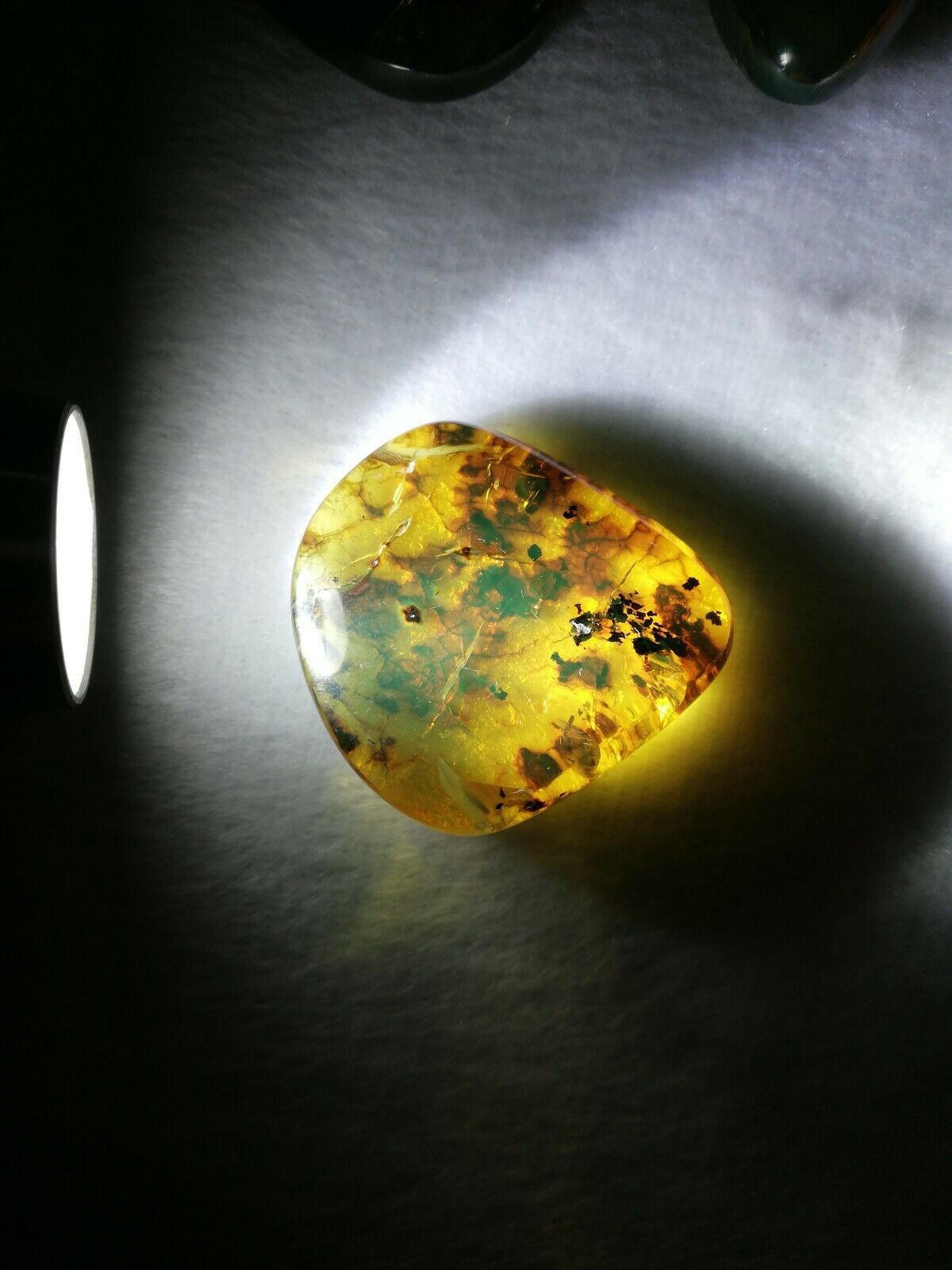 Polishing blue green Mexican Amber 7.6g flat round shape with natural skin