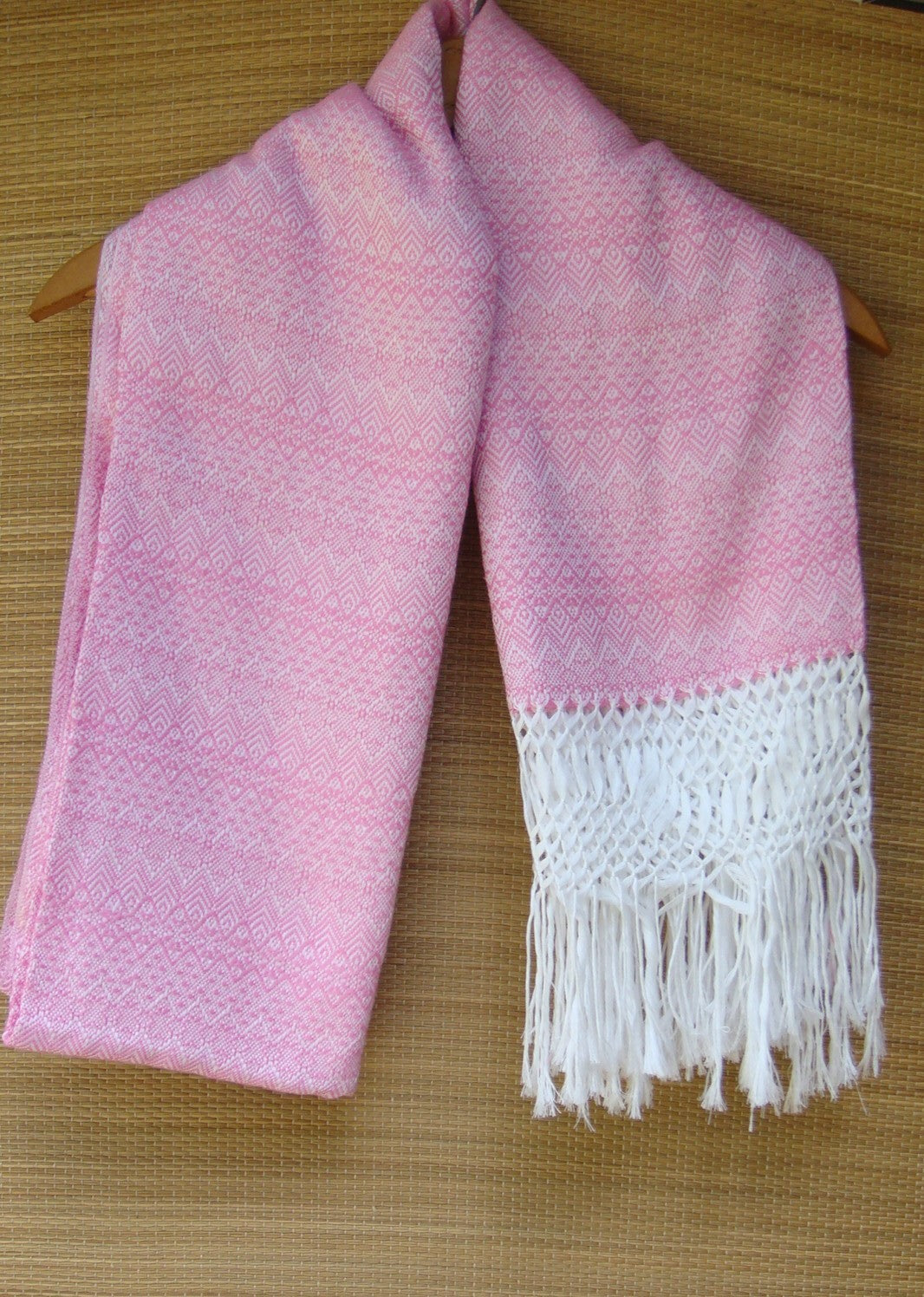 Pink with White Rebozo Shawl with Fringes Embroidered Cotton