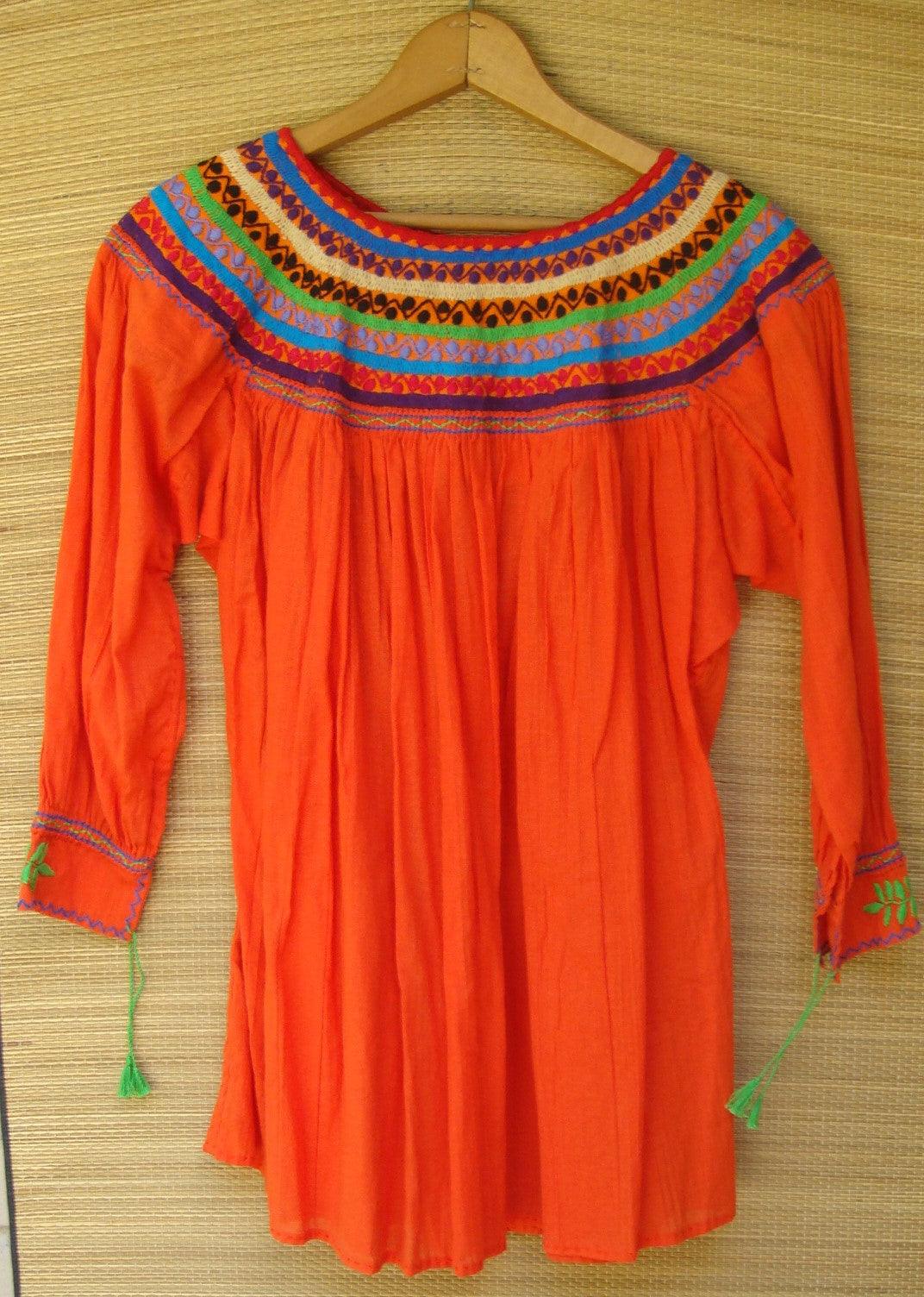Mexican Blouse Huipil Orange with Beige Embroidery Small/Medium