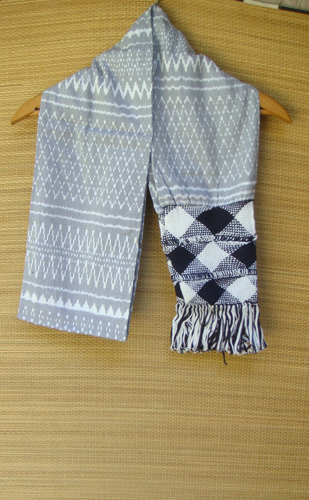 Mexican Handwoven Cream with Black Rebozo Shawl Wrap Scarf Runner From Tenancingo