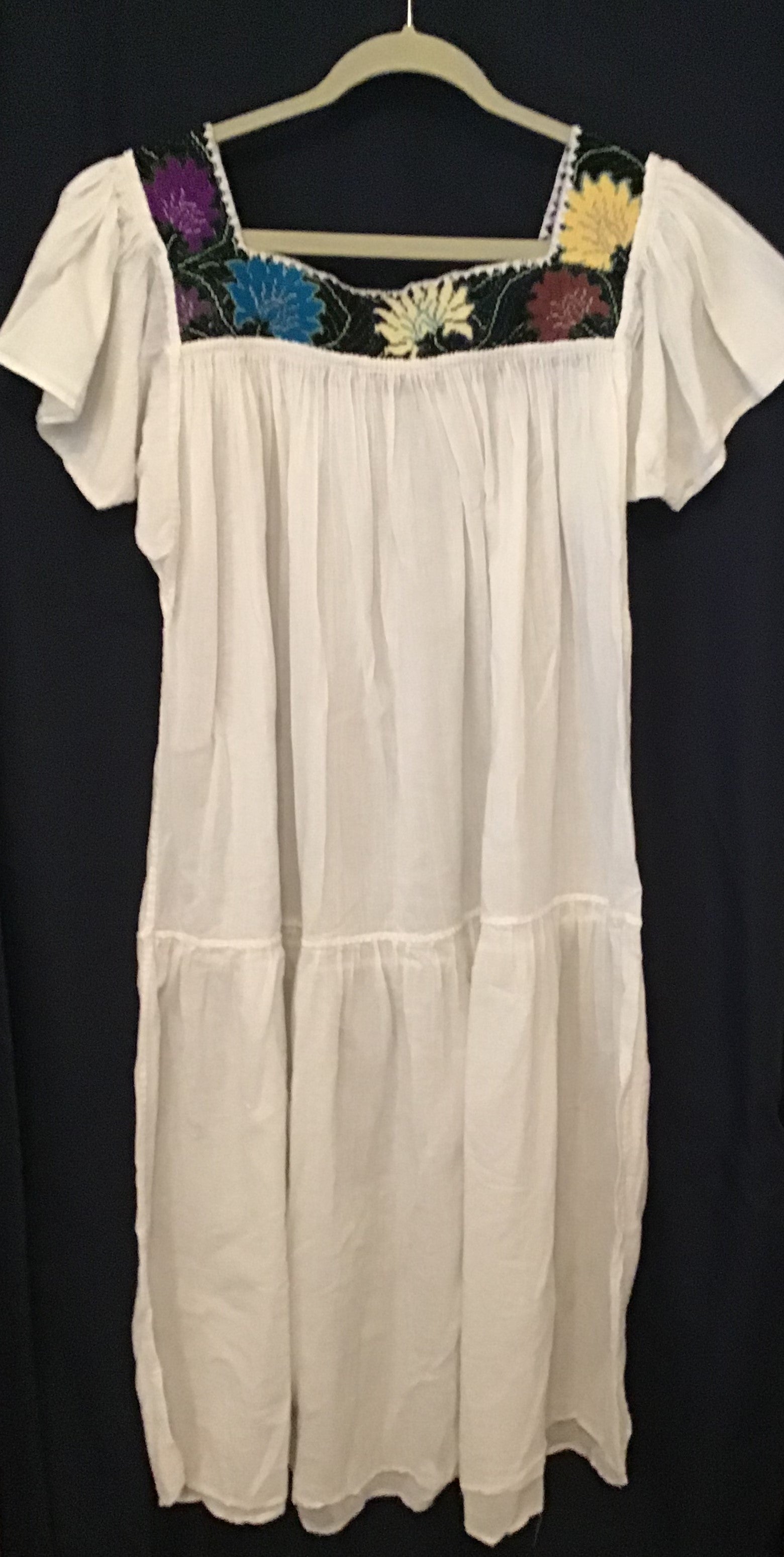 White Mexican Huipil Maxi Dress Multi color Vintage Embroidery Chiapas