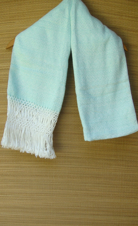 Blue Green and White Mexican Rebozo Shawl with Fringes Embroidered with Cotton and Yarn