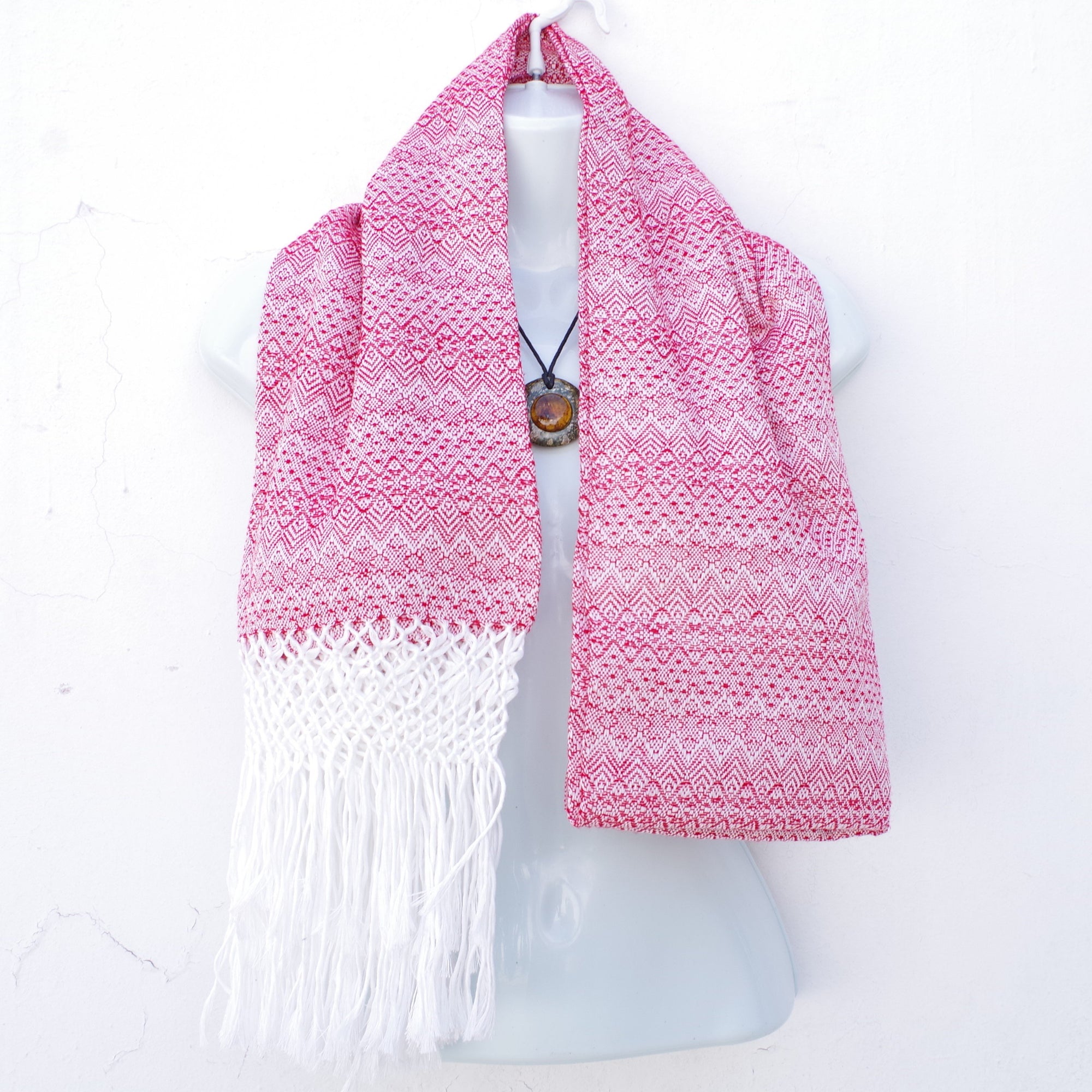 Red and White Mexican Rebozo Shawl with Fringes Embroidered with Cotton and Yarn