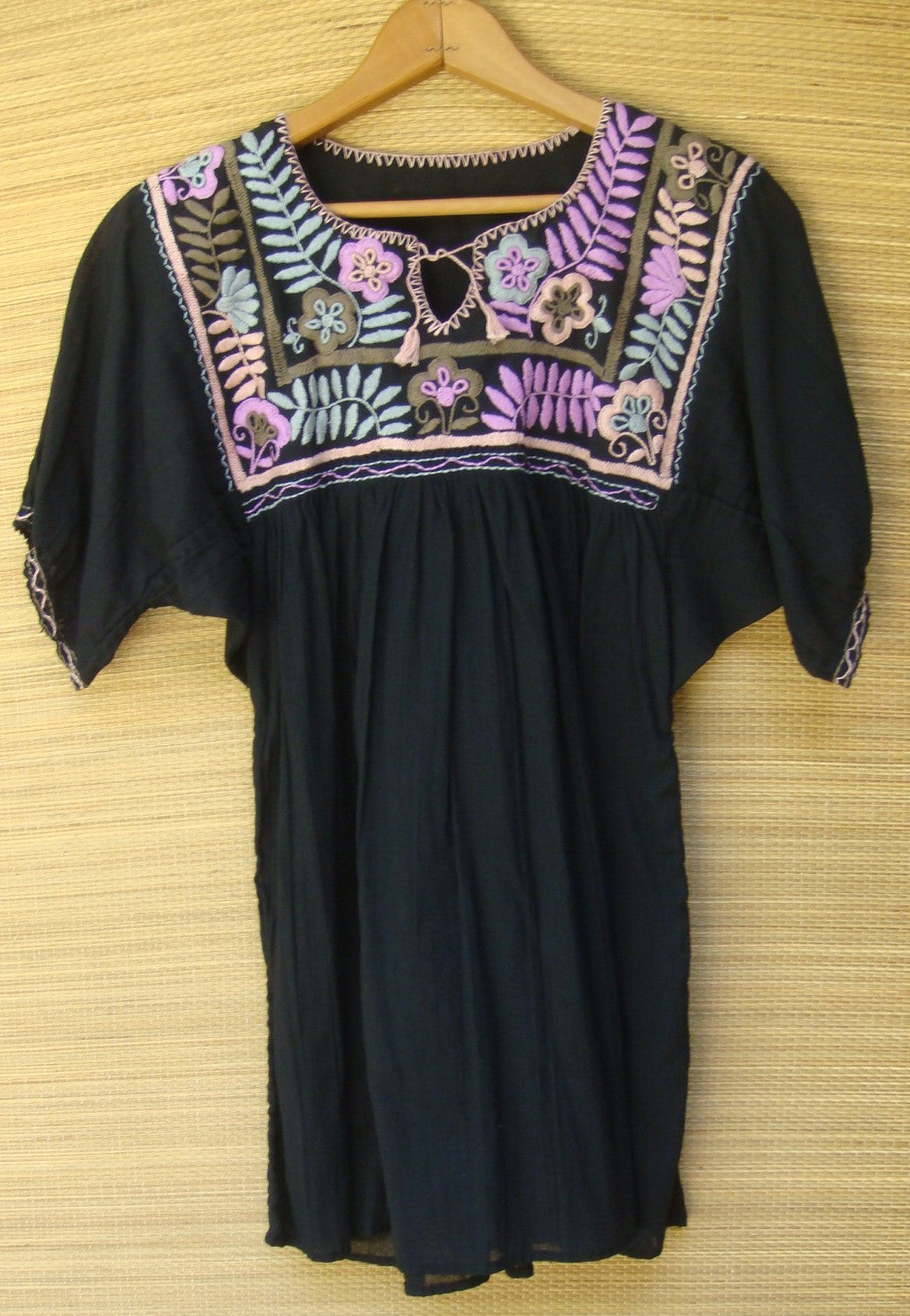 Black Mexican Blouse Huipil Multicolor Embroidered Flowers Small