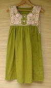 Olive Mexican Huipil Button Dress with Light Pink Hand Embroidery from Chiapas XS, S