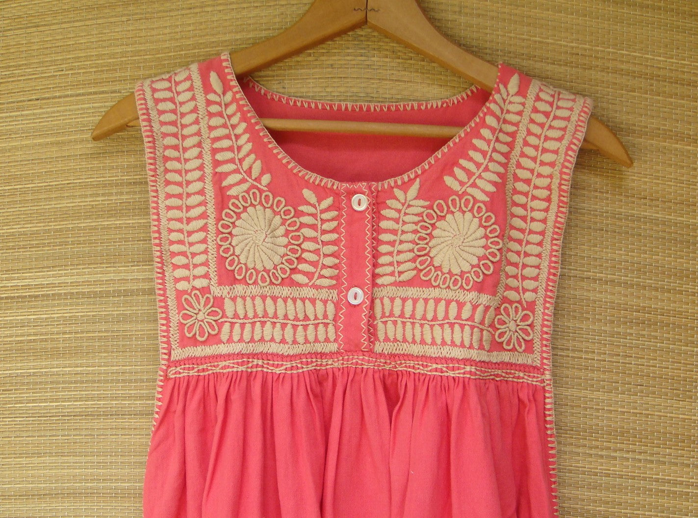 Pink Mexican Maxi Dress Huipil Hand Embroidery Flowers X-Small - Mayan Copal