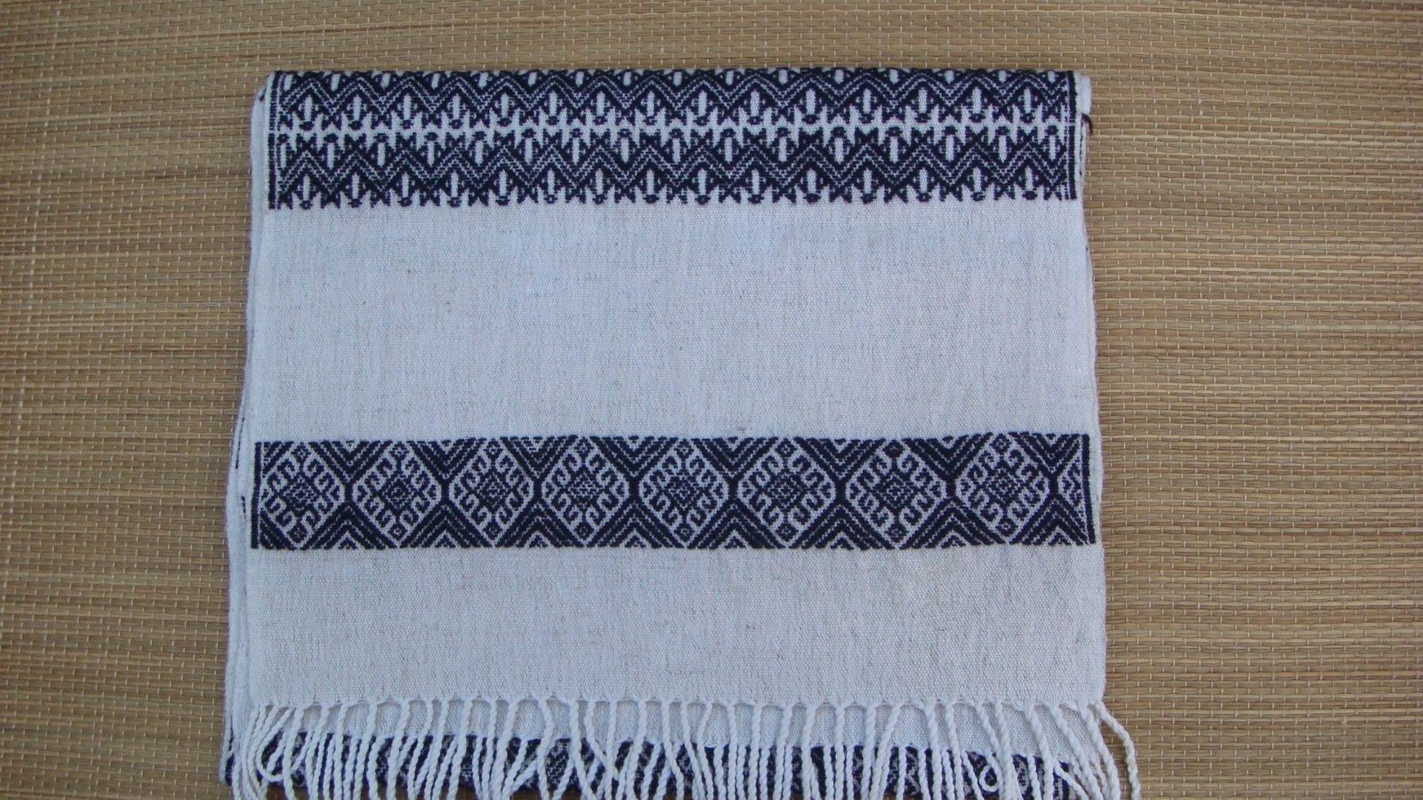 Black White Rebozo Shawl Tablerunner with Geometric Pattern from Chiapas Mexico