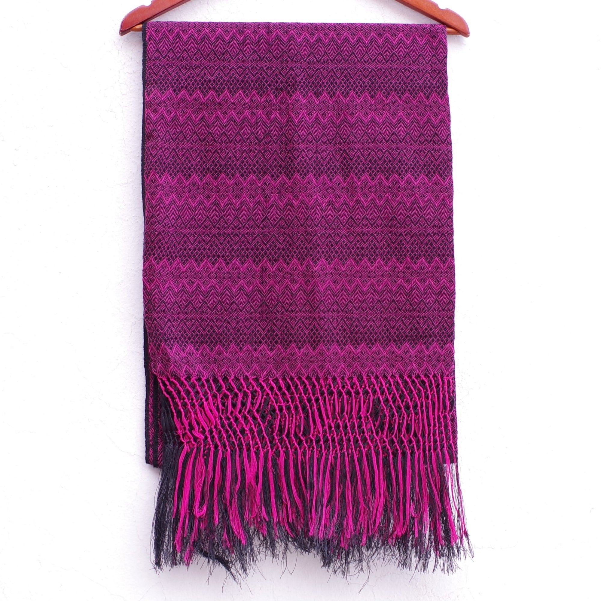 Mayan Copal Magenta and Black Mexican Rebozo Shawl with Fringes Embroidered with Cotton and Yard