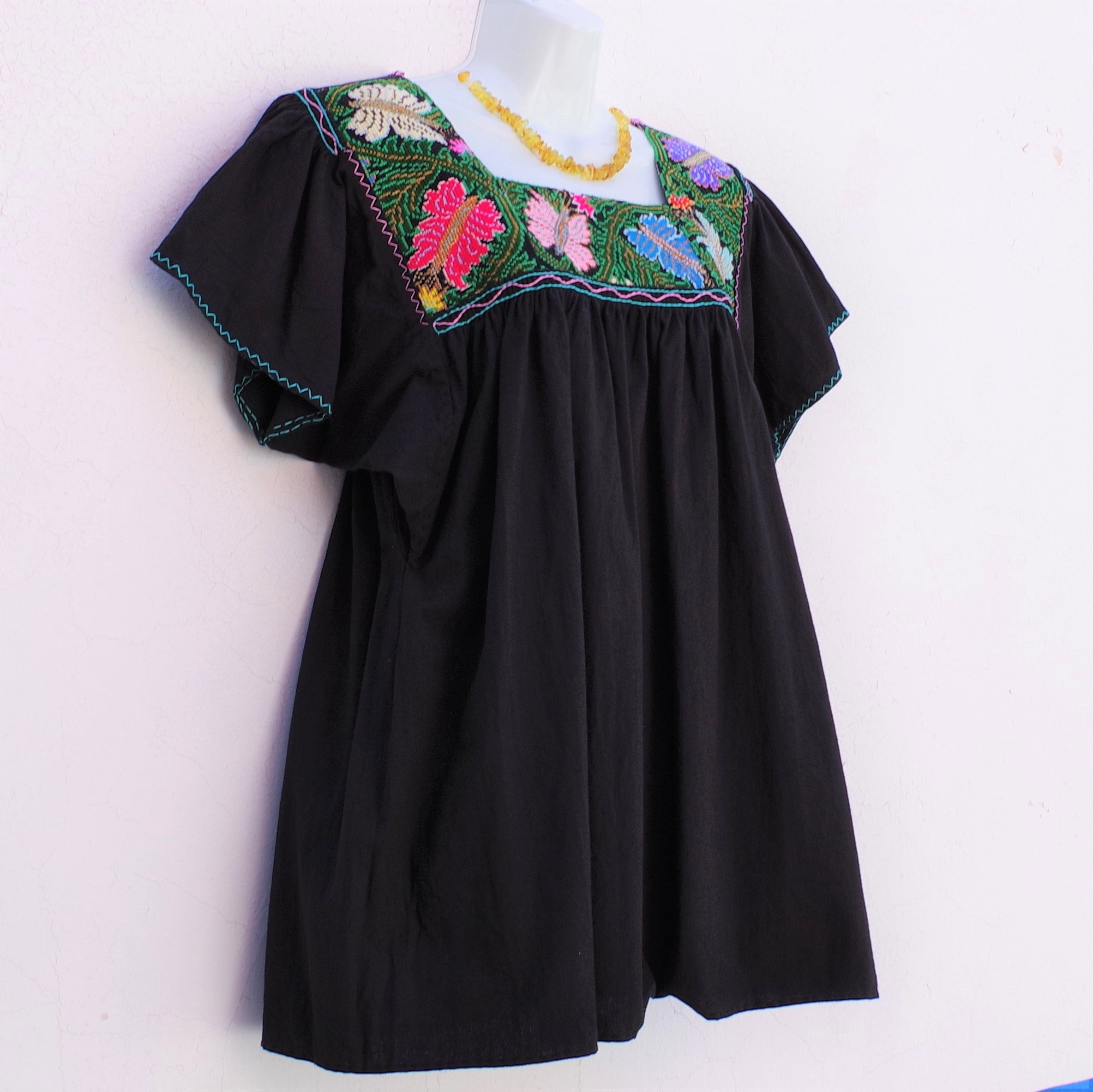 Black Mexican Huipil Vintage Blouse with Multi color Hand Embroidery f - Mayan Copal Black Mexican Huipil Vintage Blouse with Multi color Hand Embroidery f - Mayan Copal