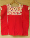 Red Mexican Huipil Blouse Embroidery from Chiapas fits L XL