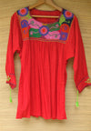 Mexican Blouse Huipil Red Multicolor Embroidered Flowers X- Small/Small