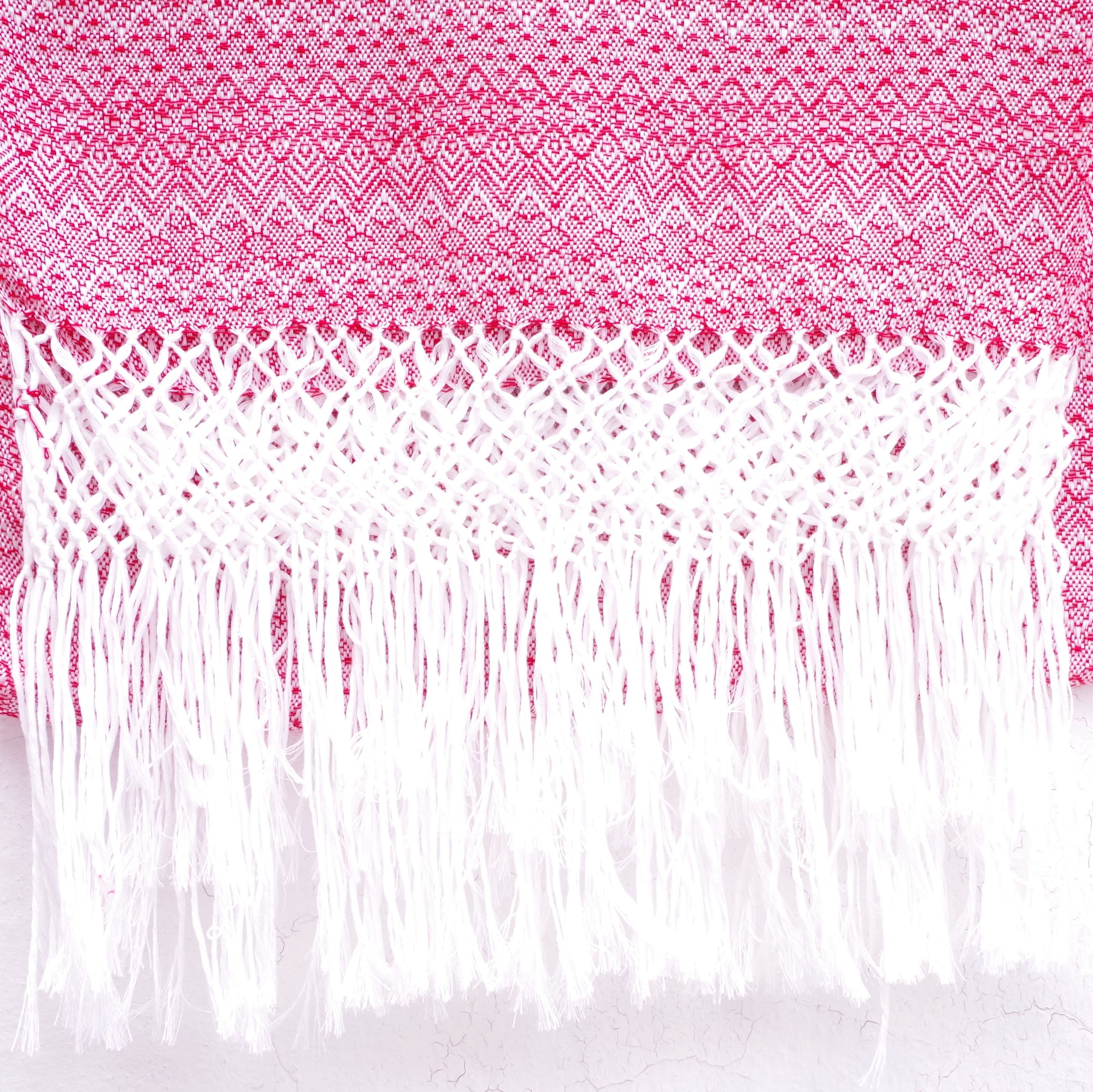 Red and White Mexican Rebozo Shawl with Fringes Embroidered with Cotton and Yarn