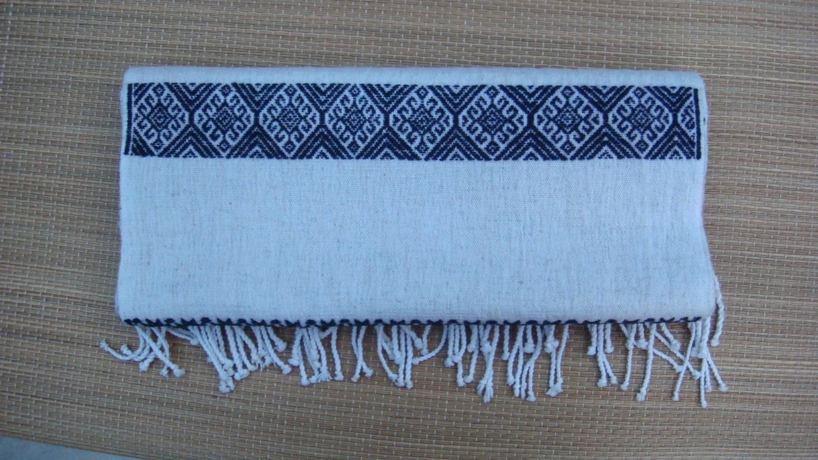 Black White Rebozo Shawl Tablerunner with Geometric Pattern from Chiapas Mexico