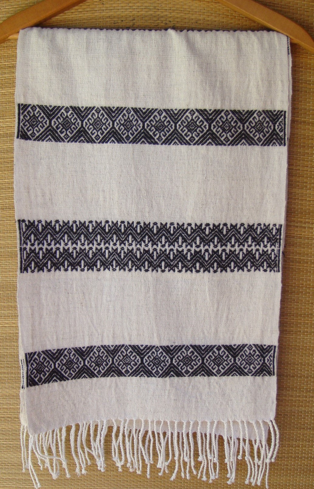 Black White Rebozo Shawl Tablerunner with Geometric Pattern from Chiapas Mexico