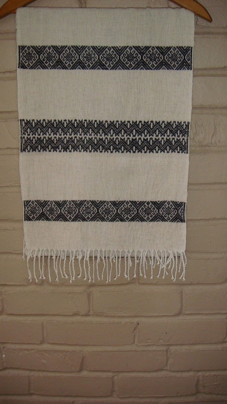 Black White Rebozo Shawl Tablerunner with Geometric Pattern from Chiapas Mexico