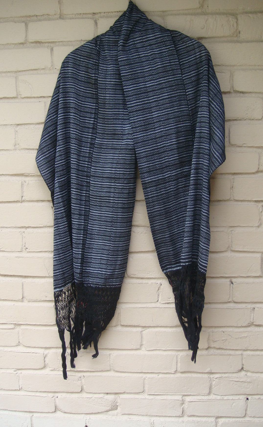 Mexican Handwoven Black and White Rebozo Shawl Wrap Scarf Runner From Tenancingo
