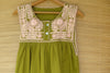 Olive Mexican Huipil Button Dress with Light Pink Hand Embroidery from Chiapas XS, S