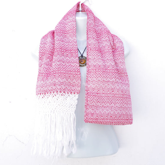 Red and White Mexican Rebozo Shawl with Fringes Embroidered with Cotton and Yarn