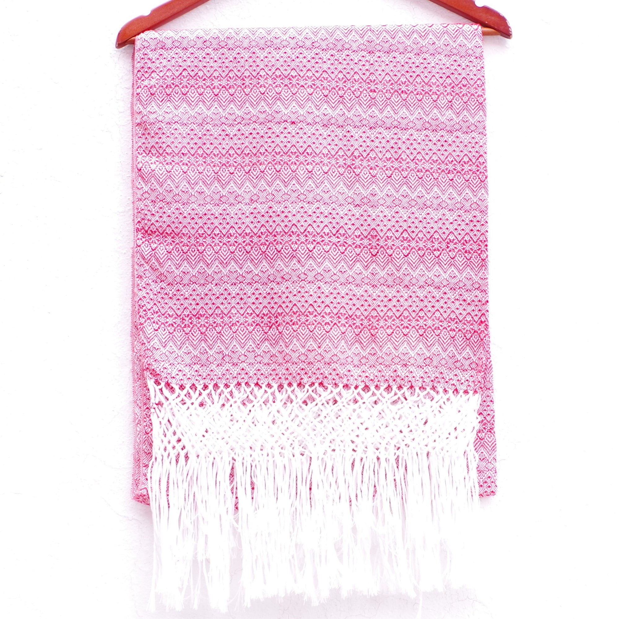 Red and White Mexican Rebozo Shawl with Fringes Embroidered with Cotton and Yarn