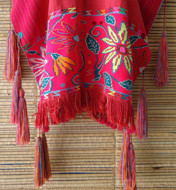 Pink Orange Multi Mexican Embroidered Peasant Blouse Cape Poncho True Vintage
