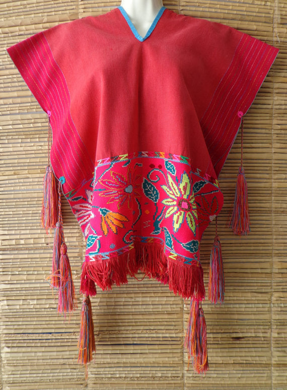 Pink Orange Multi Mexican Embroidered Peasant Blouse Cape Poncho True Vintage